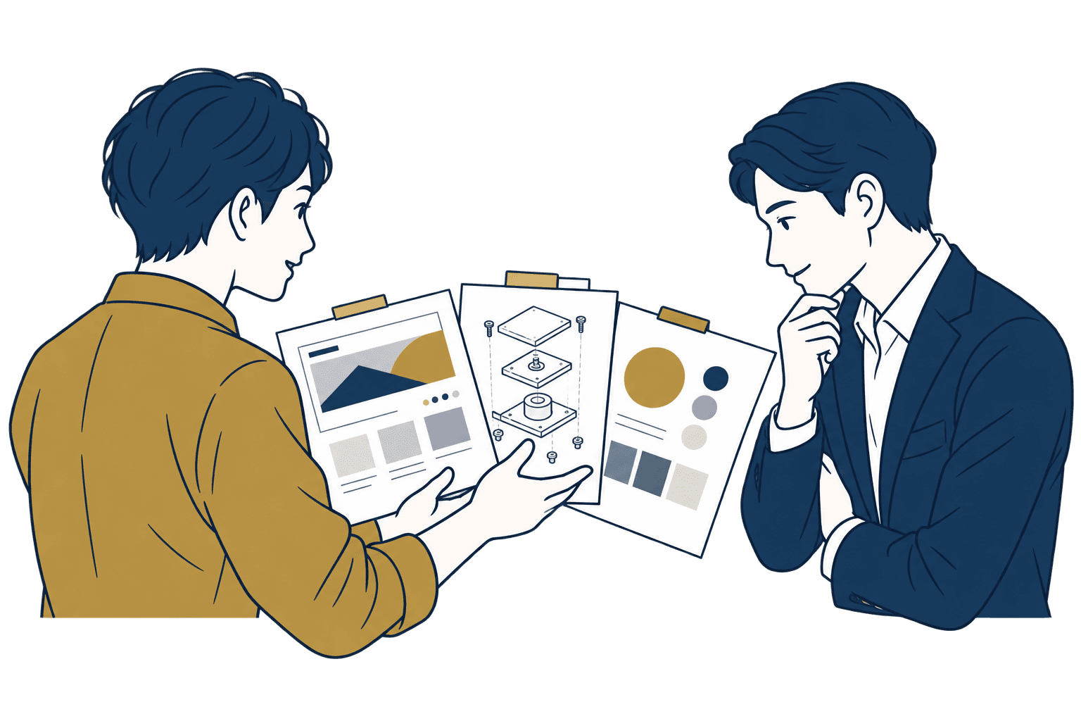 制作したデザインや設計図を見せながら自分の強みを伝えるイラスト