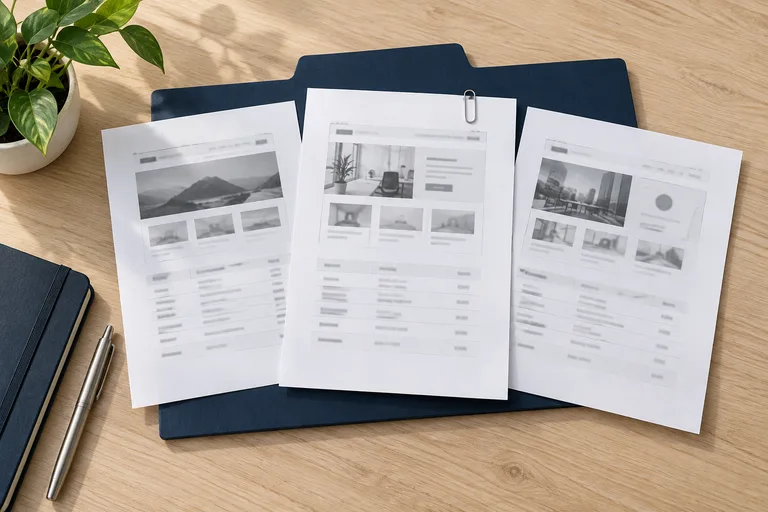Webサイトの構成資料を並べて検討する場面のイメージ